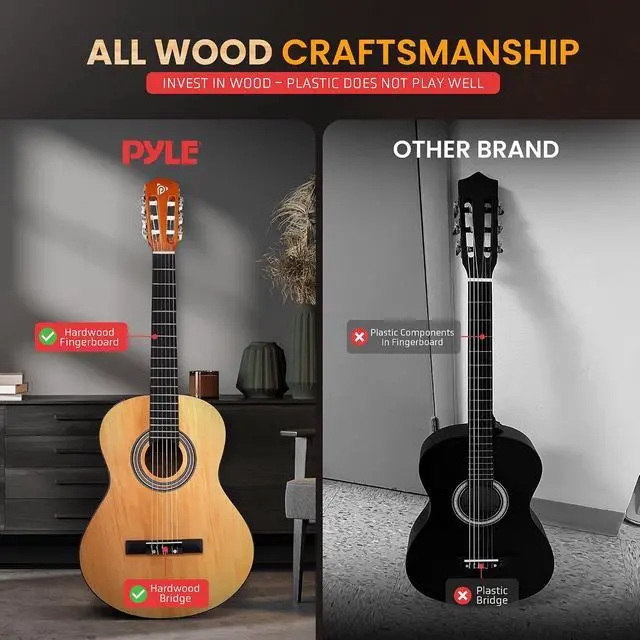 Alt view image 4 of 7 - Pyle Left Handed Beginner Acoustic Guitar Kit, 1/2 Junior Size All Wood Build Nylon String Instrument with Capo, Strap, Extra String Set, Gig Bag, Guitars for Beginners Adults Youth, 34" Natural Gloss