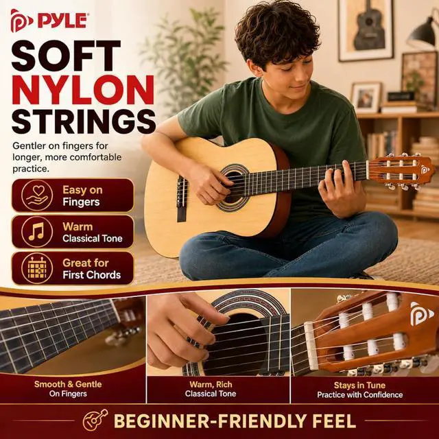 Alt view image 4 of 6 - Pyle 36-Inch Beginner Classical Acoustic Guitar Kit, 3/4 Size Junior Nylon String Guitar for Kids and Adults, Includes Gig Bag, Strap, Spare Strings, Picks, Cleaning Cloth, 18 Frets, Natural, Gloss