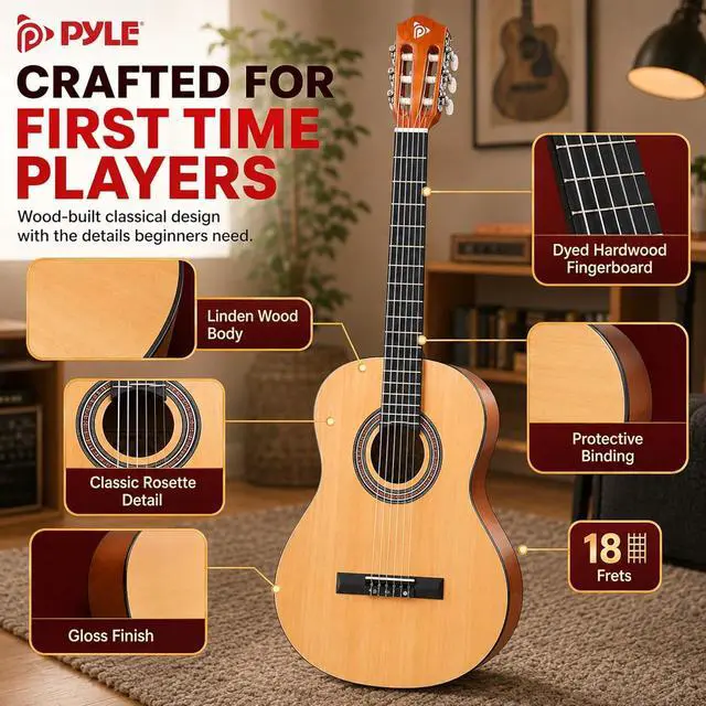 Alt view image 5 of 6 - Pyle 36-Inch Beginner Classical Acoustic Guitar Kit, 3/4 Size Junior Nylon String Guitar for Kids and Adults, Includes Gig Bag, Strap, Spare Strings, Picks, Cleaning Cloth, 18 Frets, Natural, Gloss