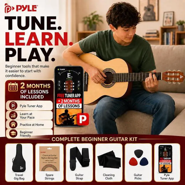 Alt view image 6 of 6 - Pyle 36-Inch Beginner Classical Acoustic Guitar Kit, 3/4 Size Junior Nylon String Guitar for Kids and Adults, Includes Gig Bag, Strap, Spare Strings, Picks, Cleaning Cloth, 18 Frets, Natural, Gloss