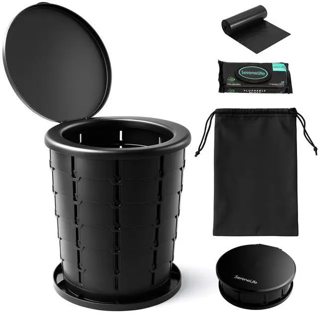 Main image of SereneLife Foldable Toilet Seat for Camping, Adjustable Height Portable Travel Potty with Lid, Carry Bag, Non-Slip Base, 331 lbs Capacity + 3-Pack Flushable Wipes, for Car, Hiking, Outdoor Use, Black