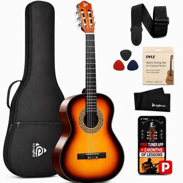 Main image of Pyle 36-Inch Beginner Classical Acoustic Guitar Kit, 3/4 Size Junior Nylon String Guitar for Kids and Adults, Includes Gig Bag, Strap, Spare Strings, Picks, Cleaning Cloth, 18 Frets, Sunburst