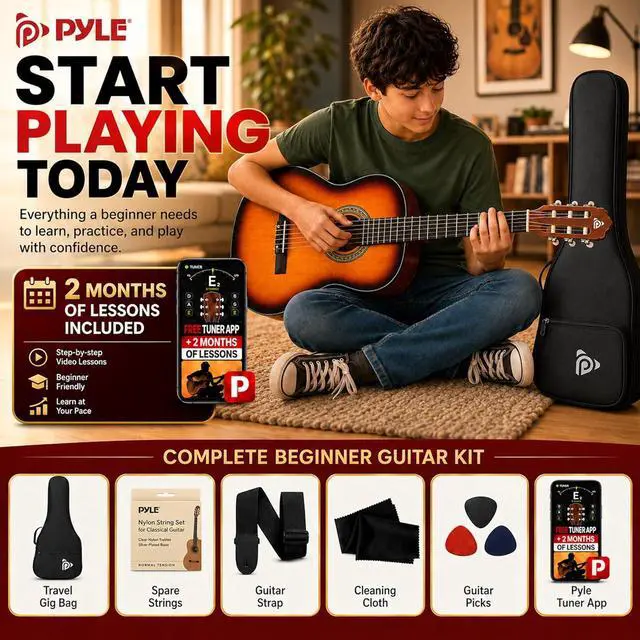 Alt view image 2 of 6 - Pyle 36-Inch Beginner Classical Acoustic Guitar Kit, 3/4 Size Junior Nylon String Guitar for Kids and Adults, Includes Gig Bag, Strap, Spare Strings, Picks, Cleaning Cloth, 18 Frets, Sunburst