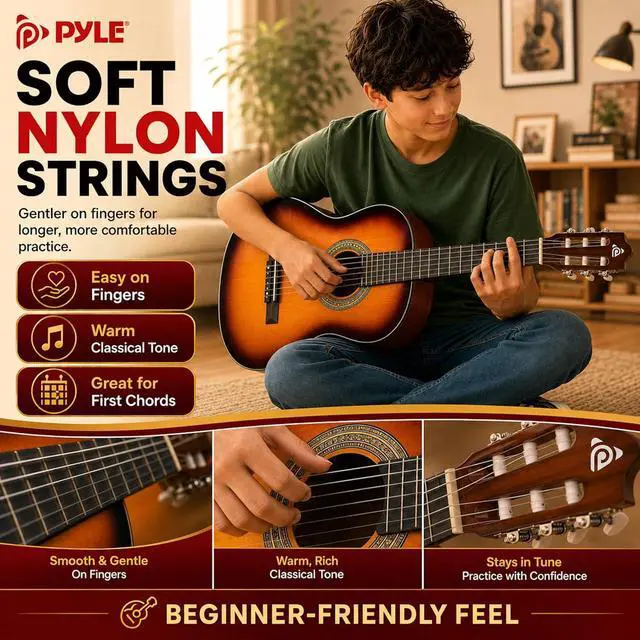 Alt view image 4 of 6 - Pyle 36-Inch Beginner Classical Acoustic Guitar Kit, 3/4 Size Junior Nylon String Guitar for Kids and Adults, Includes Gig Bag, Strap, Spare Strings, Picks, Cleaning Cloth, 18 Frets, Sunburst