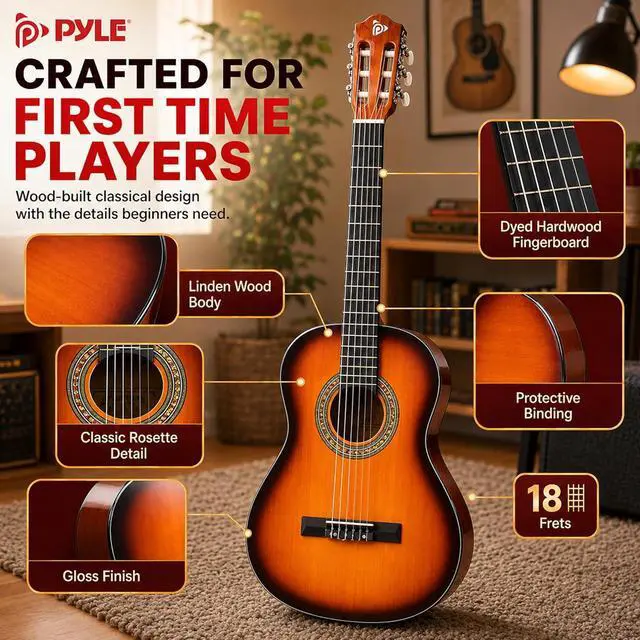Alt view image 5 of 6 - Pyle 36-Inch Beginner Classical Acoustic Guitar Kit, 3/4 Size Junior Nylon String Guitar for Kids and Adults, Includes Gig Bag, Strap, Spare Strings, Picks, Cleaning Cloth, 18 Frets, Sunburst