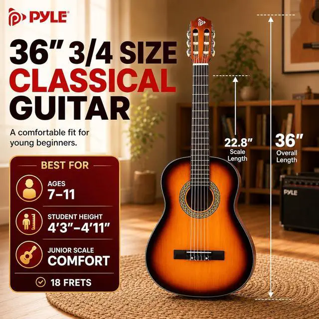 Alt view image 3 of 6 - Pyle 36-Inch Beginner Classical Acoustic Guitar Kit, 3/4 Size Junior Nylon String Guitar for Kids and Adults, Includes Gig Bag, Strap, Spare Strings, Picks, Cleaning Cloth, 18 Frets, Sunburst