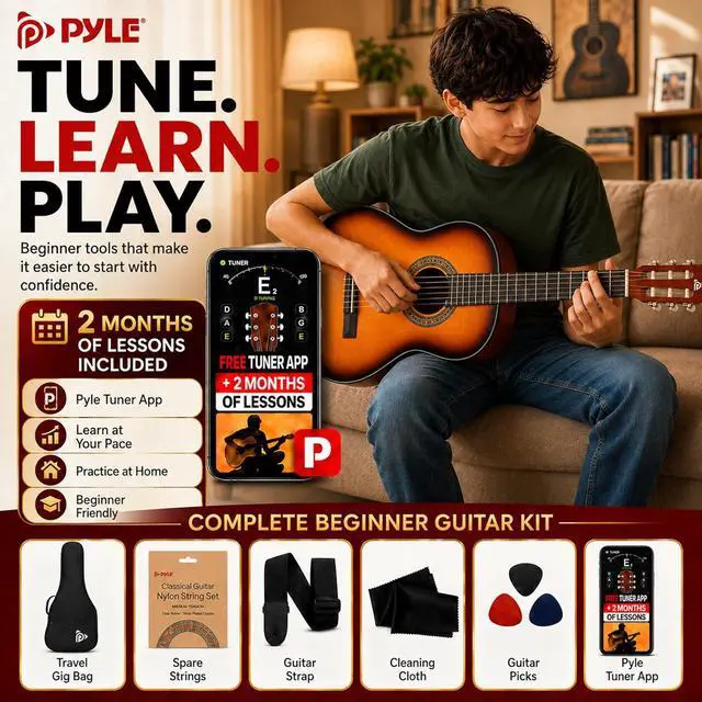 Alt view image 6 of 6 - Pyle 36-Inch Beginner Classical Acoustic Guitar Kit, 3/4 Size Junior Nylon String Guitar for Kids and Adults, Includes Gig Bag, Strap, Spare Strings, Picks, Cleaning Cloth, 18 Frets, Sunburst