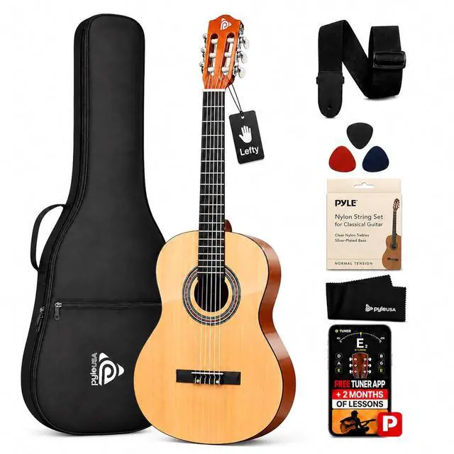 Main image of Pyle 36-Inch Left-Handed Classical Acoustic Guitar Kit, 3/4 Size Junior Nylon String Guitar for Kids and Adults, Includes Gig Bag, Strap, Spare Strings, Picks, Cleaning Cloth, 18 Frets, Gloss Finish