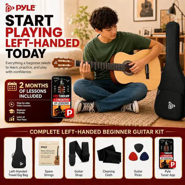 Alt view image 2 of 6 - Pyle 36-Inch Left-Handed Classical Acoustic Guitar Kit, 3/4 Size Junior Nylon String Guitar for Kids and Adults, Includes Gig Bag, Strap, Spare Strings, Picks, Cleaning Cloth, 18 Frets, Gloss Finish
