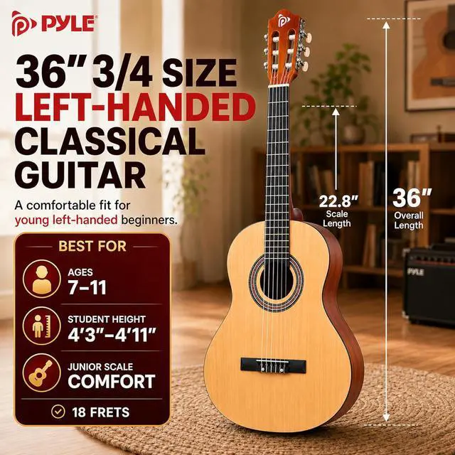 Alt view image 3 of 6 - Pyle 36-Inch Left-Handed Classical Acoustic Guitar Kit, 3/4 Size Junior Nylon String Guitar for Kids and Adults, Includes Gig Bag, Strap, Spare Strings, Picks, Cleaning Cloth, 18 Frets, Gloss Finish