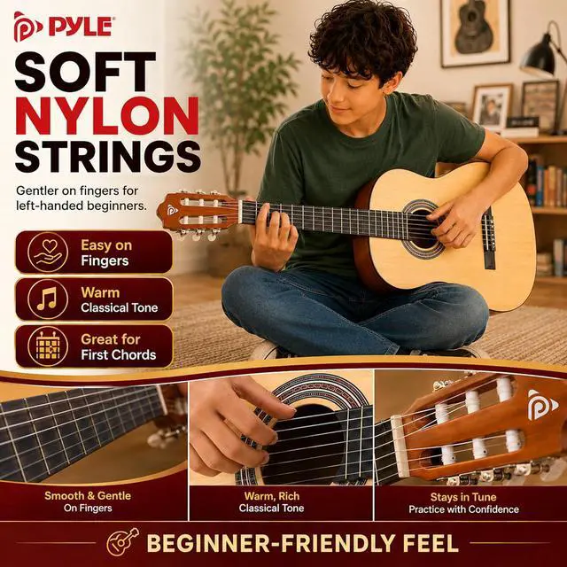 Alt view image 4 of 6 - Pyle 36-Inch Left-Handed Classical Acoustic Guitar Kit, 3/4 Size Junior Nylon String Guitar for Kids and Adults, Includes Gig Bag, Strap, Spare Strings, Picks, Cleaning Cloth, 18 Frets, Gloss Finish