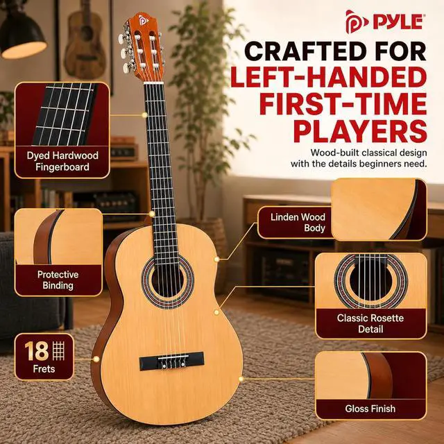 Alt view image 5 of 6 - Pyle 36-Inch Left-Handed Classical Acoustic Guitar Kit, 3/4 Size Junior Nylon String Guitar for Kids and Adults, Includes Gig Bag, Strap, Spare Strings, Picks, Cleaning Cloth, 18 Frets, Gloss Finish