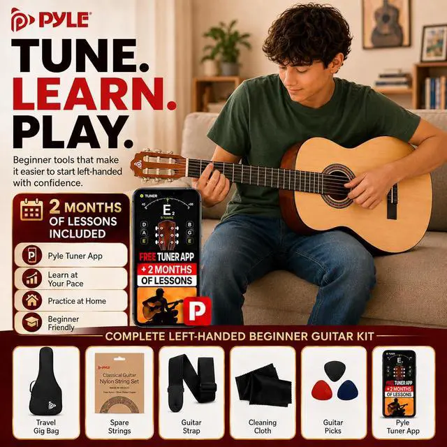 Alt view image 6 of 6 - Pyle 36-Inch Left-Handed Classical Acoustic Guitar Kit, 3/4 Size Junior Nylon String Guitar for Kids and Adults, Includes Gig Bag, Strap, Spare Strings, Picks, Cleaning Cloth, 18 Frets, Gloss Finish