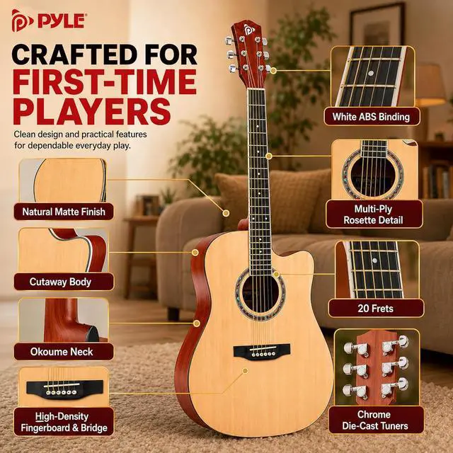 Alt view image 5 of 7 - Pyle Beginner Acoustic Guitar Kit - Full Size 41 Cutaway Dreadnought Natural Matte Finish w/Upgraded Gig Bag, Tuner, Steel Strings, Picks, Strap, Capo, For Beginners/Adults - (Natural, Premium Kit)