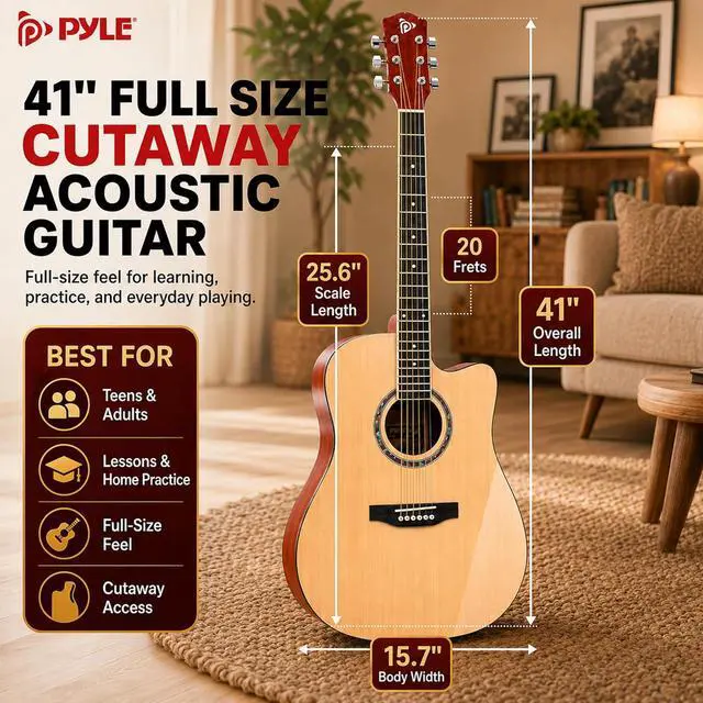 Alt view image 3 of 7 - Pyle Beginner Acoustic Guitar Kit - Full Size 41 Cutaway Dreadnought Natural Matte Finish w/Upgraded Gig Bag, Tuner, Steel Strings, Picks, Strap, Capo, For Beginners/Adults - (Natural, Premium Kit)