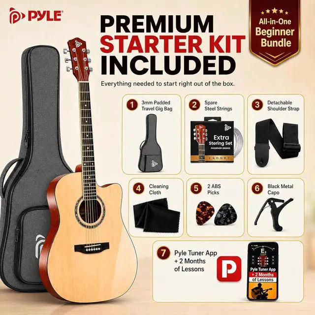 Alt view image 6 of 7 - Pyle Beginner Acoustic Guitar Kit - Full Size 41 Cutaway Dreadnought Natural Matte Finish w/Upgraded Gig Bag, Tuner, Steel Strings, Picks, Strap, Capo, For Beginners/Adults - (Natural, Premium Kit)
