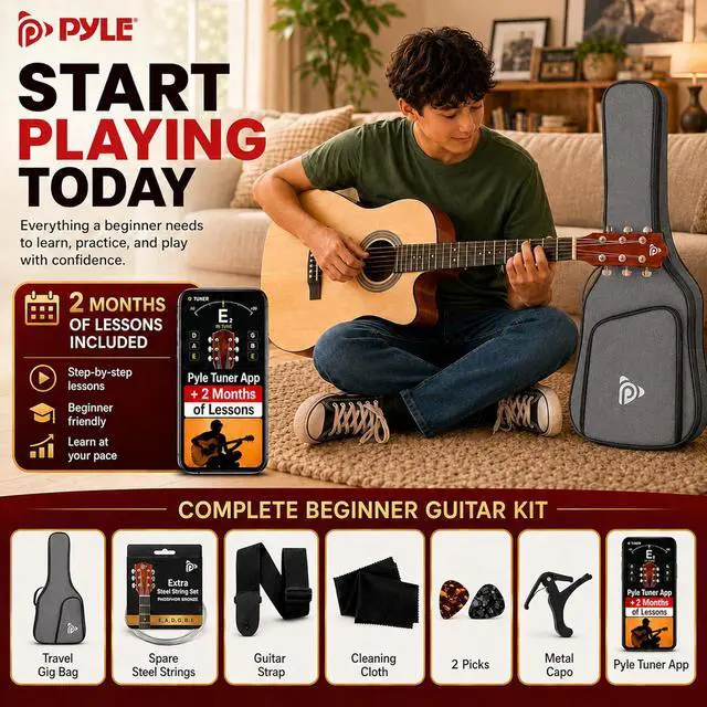 Alt view image 2 of 7 - Pyle Beginner Acoustic Guitar Kit - Full Size 41 Cutaway Dreadnought Natural Matte Finish w/Upgraded Gig Bag, Tuner, Steel Strings, Picks, Strap, Capo, For Beginners/Adults - (Natural, Premium Kit)