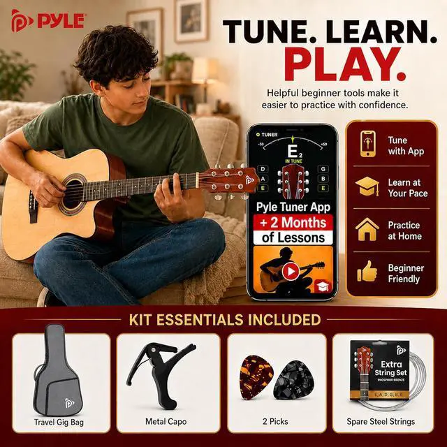Alt view image 7 of 7 - Pyle Beginner Acoustic Guitar Kit - Full Size 41 Cutaway Dreadnought Natural Matte Finish w/Upgraded Gig Bag, Tuner, Steel Strings, Picks, Strap, Capo, For Beginners/Adults - (Natural, Premium Kit)