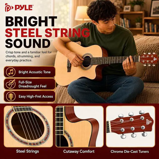 Alt view image 4 of 7 - Pyle Beginner Acoustic Guitar Kit - Full Size 41 Cutaway Dreadnought Natural Matte Finish w/Upgraded Gig Bag, Tuner, Steel Strings, Picks, Strap, Capo, For Beginners/Adults - (Natural, Premium Kit)