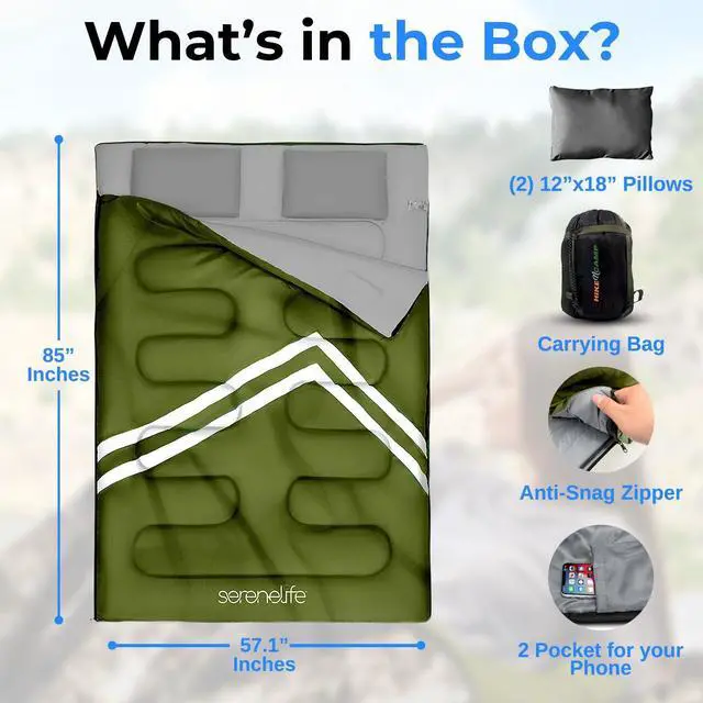 Alt view image 7 of 7 - SereneLife Backpacking Sleeping Bag Camping Gear-Double Sleeping Bag For Adults/Teens W/2 Pillows,Bag-Outdoor Lightweight Weather Proof Sleeping Bags For Camping,Backpacking,Hiking-SereneLife SLSBX9
