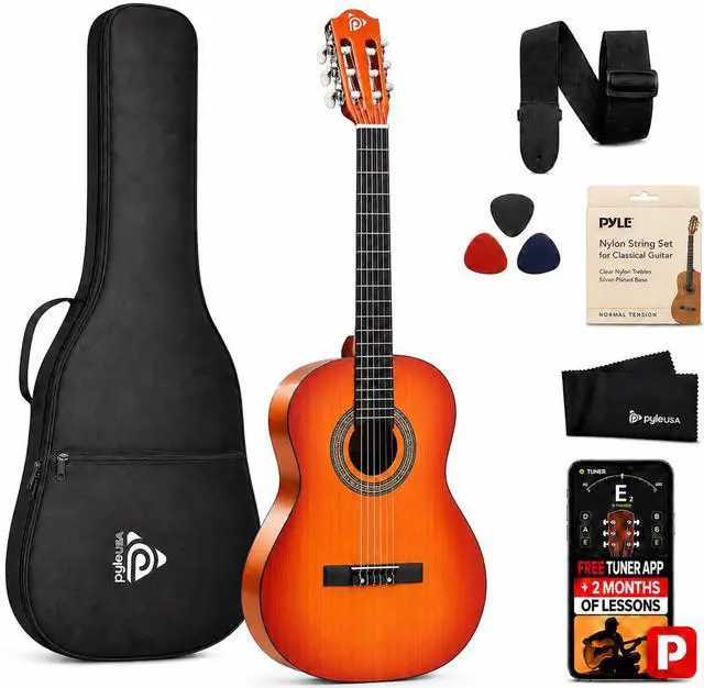 Main image of Pyle 36-Inch Beginner Classical Acoustic Guitar Kit, 3/4 Size Junior Nylon String Guitar for Kids and Adults, Includes Gig Bag, Strap, Spare Strings, Picks, Cleaning Cloth, 18 Frets, Cherry Burst