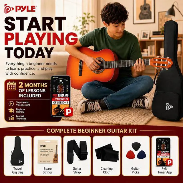Alt view image 2 of 6 - Pyle 36-Inch Beginner Classical Acoustic Guitar Kit, 3/4 Size Junior Nylon String Guitar for Kids and Adults, Includes Gig Bag, Strap, Spare Strings, Picks, Cleaning Cloth, 18 Frets, Cherry Burst