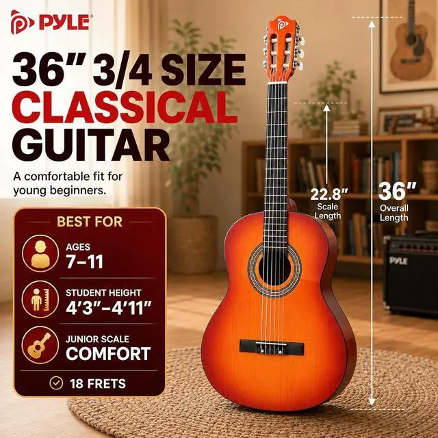 Alt view image 3 of 6 - Pyle 36-Inch Beginner Classical Acoustic Guitar Kit, 3/4 Size Junior Nylon String Guitar for Kids and Adults, Includes Gig Bag, Strap, Spare Strings, Picks, Cleaning Cloth, 18 Frets, Cherry Burst