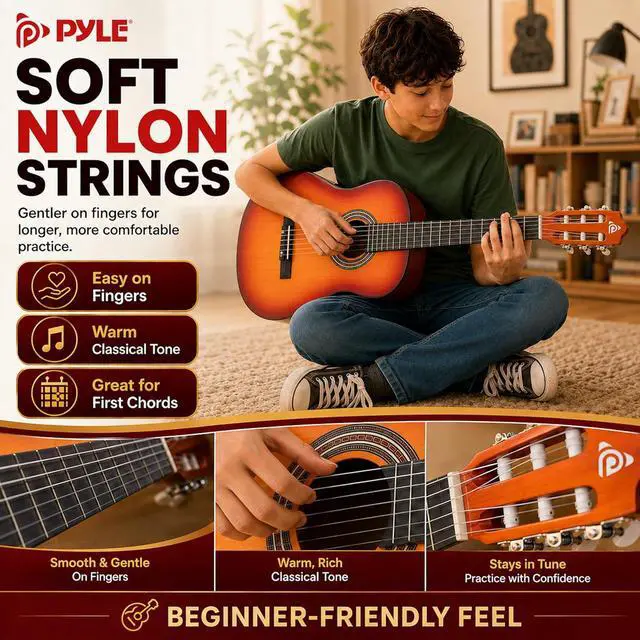 Alt view image 4 of 6 - Pyle 36-Inch Beginner Classical Acoustic Guitar Kit, 3/4 Size Junior Nylon String Guitar for Kids and Adults, Includes Gig Bag, Strap, Spare Strings, Picks, Cleaning Cloth, 18 Frets, Cherry Burst