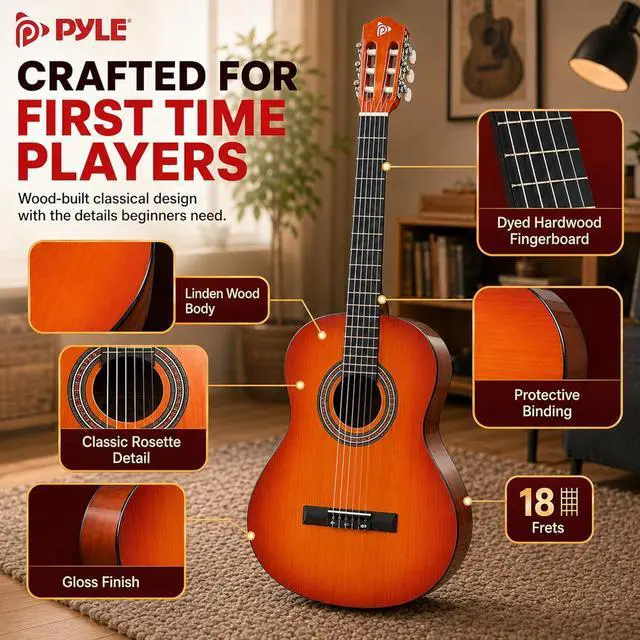 Alt view image 5 of 6 - Pyle 36-Inch Beginner Classical Acoustic Guitar Kit, 3/4 Size Junior Nylon String Guitar for Kids and Adults, Includes Gig Bag, Strap, Spare Strings, Picks, Cleaning Cloth, 18 Frets, Cherry Burst