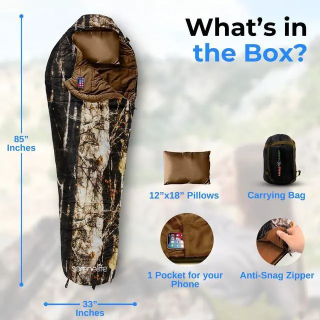 Alt view image 7 of 7 - SereneLife 0 Degree Mummy Sleeping Bag Military-Style, Lightweight & Waterproof for Extreme Cold, Stays Warm in 510°F, No-Snag Zipper, Compact Carry Bag & Travel Pillow for Camping & Backpacking