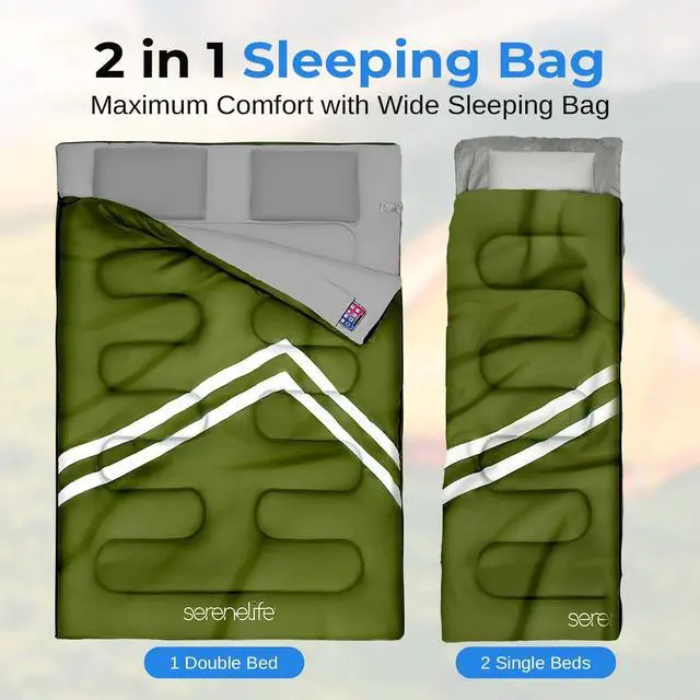 Alt view image 3 of 7 - SereneLife Backpacking Sleeping Bag Camping Gear-Double Sleeping Bag For Adults/Teens W/2 Pillows,Bag-Outdoor Lightweight Weather Proof Sleeping Bags For Camping,Backpacking,Hiking-SereneLife SLSBX9