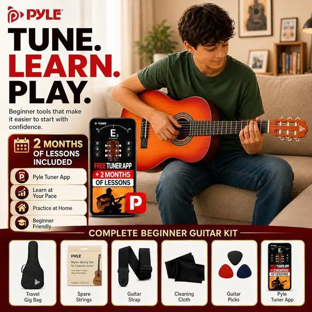 Alt view image 6 of 6 - Pyle 36-Inch Beginner Classical Acoustic Guitar Kit, 3/4 Size Junior Nylon String Guitar for Kids and Adults, Includes Gig Bag, Strap, Spare Strings, Picks, Cleaning Cloth, 18 Frets, Cherry Burst