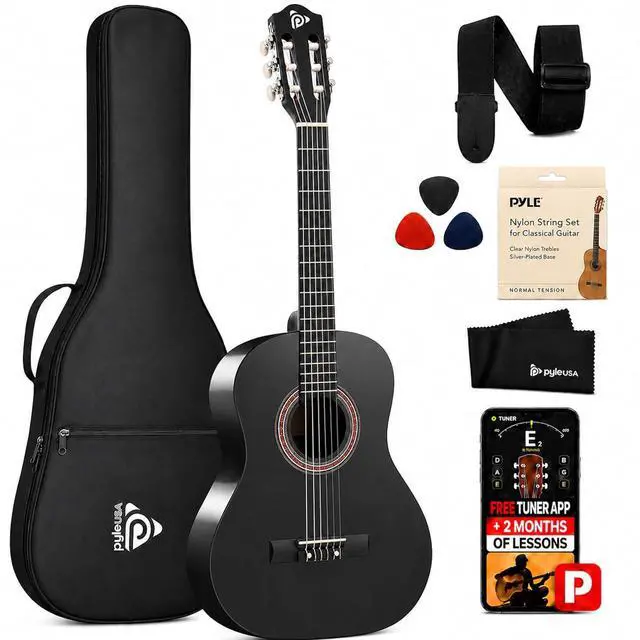Main image of Pyle Classical Acoustic Guitar Kit, 3/4 Junior Size All Wood Instrument for Beginner Kids, Adults, 36" Glossy Black