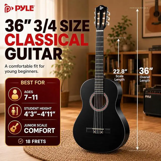 Alt view image 3 of 6 - Pyle Classical Acoustic Guitar Kit, 3/4 Junior Size All Wood Instrument for Beginner Kids, Adults, 36" Glossy Black