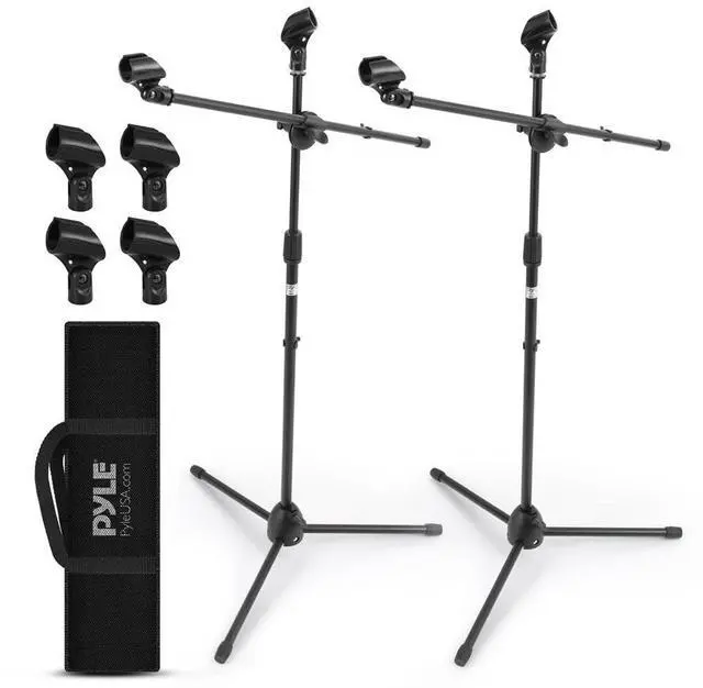Main image of Pyle Universal Adjustable Tripod Microphone Stand - Pair of Heavy Duty Lightweight Professional Compact Extendable Stage Studio Floor Standing Boom Mic Holder w/ Carry Bag, 5/8" Adapter