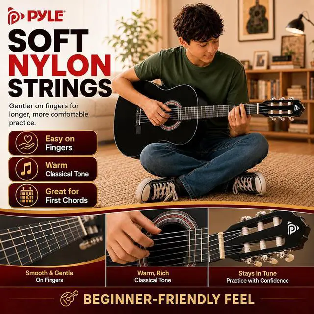 Alt view image 4 of 6 - Pyle Classical Acoustic Guitar Kit, 3/4 Junior Size All Wood Instrument for Beginner Kids, Adults, 36" Glossy Black