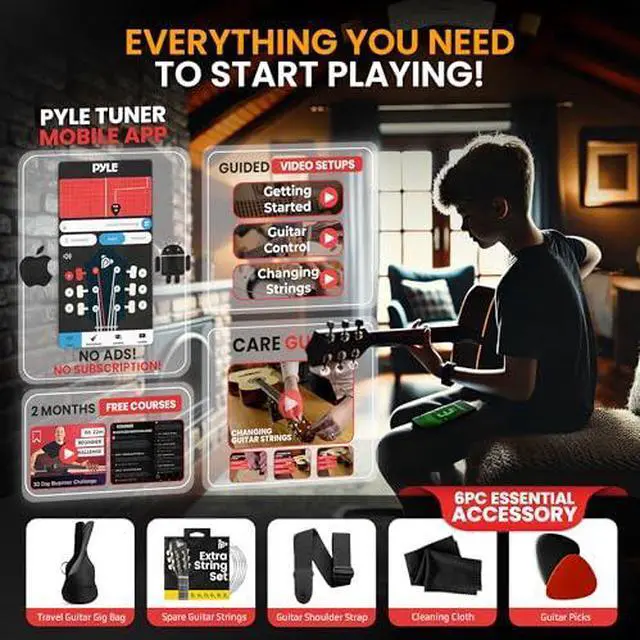 Alt view image 2 of 5 - Pyle 36-Inch Beginner Classical Acoustic Guitar Kit, 3/4 Size Junior Nylon String Guitar for Kids and Adults, Includes Gig Bag, Strap, Spare Strings, Picks, Cleaning Cloth, 18 Frets, Black