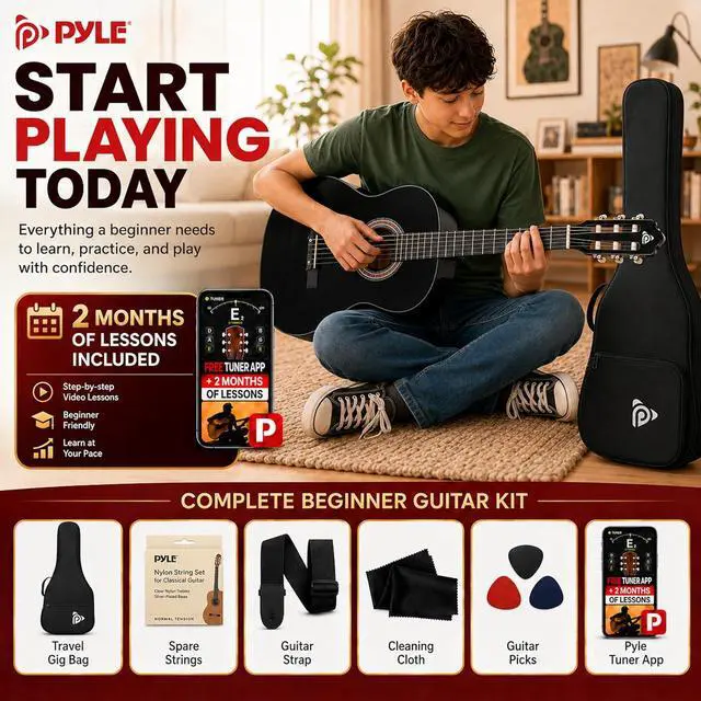 Alt view image 2 of 6 - Pyle Classical Acoustic Guitar Kit, 3/4 Junior Size All Wood Instrument for Beginner Kids, Adults, 36" Glossy Black