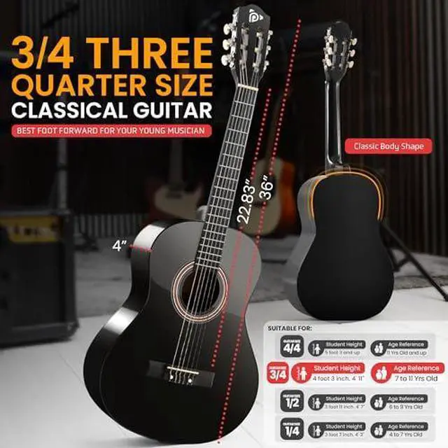 Alt view image 3 of 5 - Pyle 36-Inch Beginner Classical Acoustic Guitar Kit, 3/4 Size Junior Nylon String Guitar for Kids and Adults, Includes Gig Bag, Strap, Spare Strings, Picks, Cleaning Cloth, 18 Frets, Black