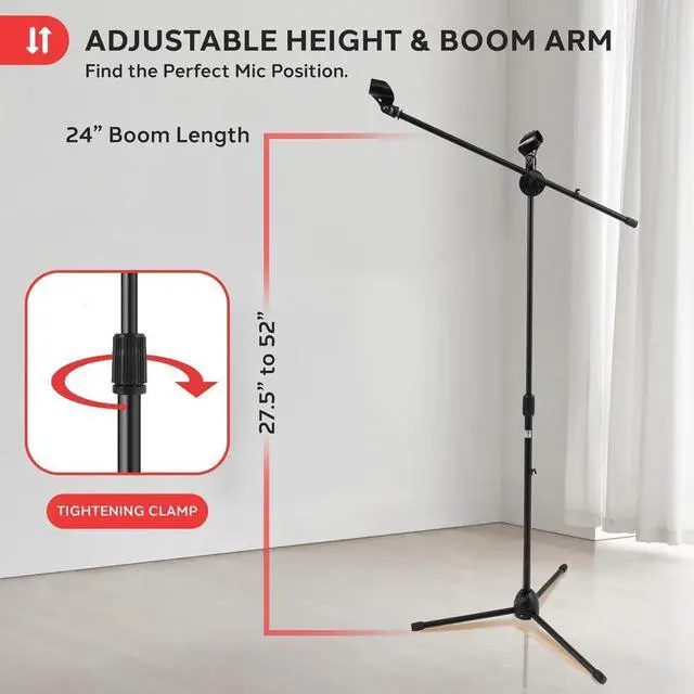 Alt view image 3 of 7 - Pyle Universal Adjustable Tripod Microphone Stand - Pair of Heavy Duty Lightweight Professional Compact Extendable Stage Studio Floor Standing Boom Mic Holder w/ Carry Bag, 5/8" Adapter
