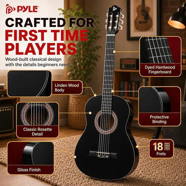 Alt view image 5 of 6 - Pyle Classical Acoustic Guitar Kit, 3/4 Junior Size All Wood Instrument for Beginner Kids, Adults, 36" Glossy Black