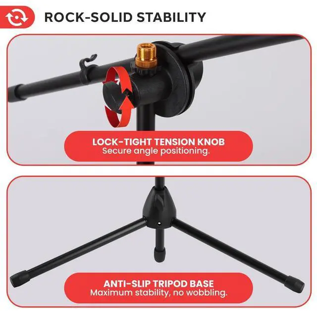 Alt view image 4 of 7 - Pyle Universal Adjustable Tripod Microphone Stand - Pair of Heavy Duty Lightweight Professional Compact Extendable Stage Studio Floor Standing Boom Mic Holder w/ Carry Bag, 5/8" Adapter