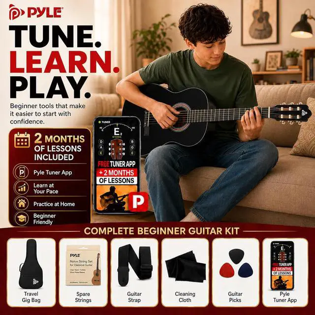 Alt view image 6 of 6 - Pyle Classical Acoustic Guitar Kit, 3/4 Junior Size All Wood Instrument for Beginner Kids, Adults, 36" Glossy Black