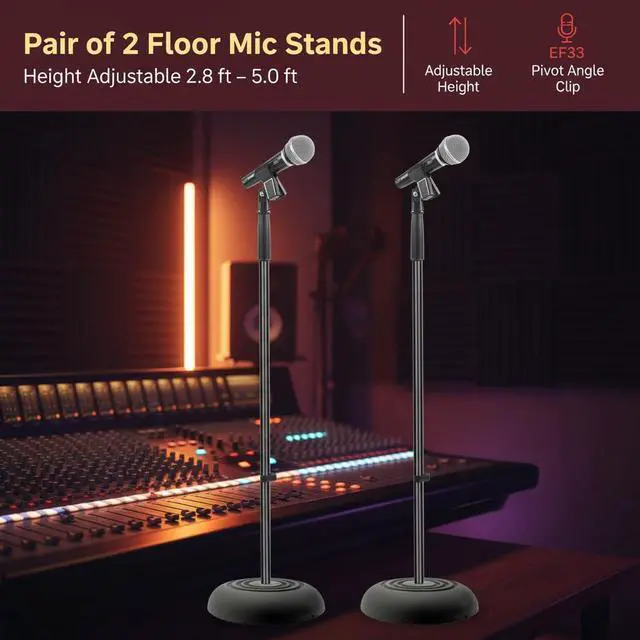 Alt view image 2 of 7 - Pyle Universal Microphone Stand - Handheld Mic Compatible, Heavy Compact Base, Lightweight & Compact Design, 2.8 to 5 Ft Height Adjustable Clamp, Pivot Angle Clip, Home/Studio Use (Pair)