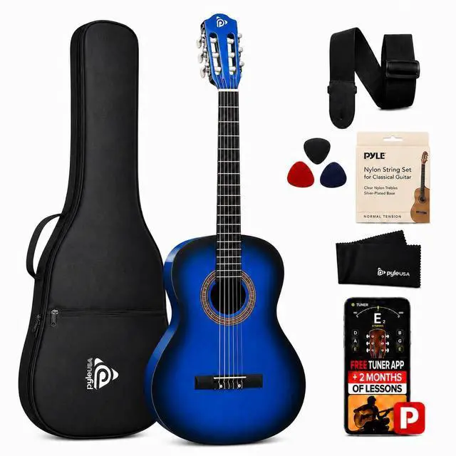 Main image of Pyle 36-Inch Beginner Classical Acoustic Guitar Kit, 3/4 Size Junior Nylon String Guitar for Kids and Adults, Includes Gig Bag, Strap, Spare Strings, Picks, Cleaning Cloth, 18 Frets, Blue Burst