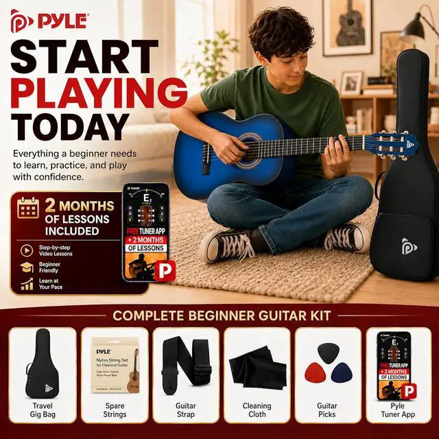 Alt view image 2 of 6 - Pyle 36-Inch Beginner Classical Acoustic Guitar Kit, 3/4 Size Junior Nylon String Guitar for Kids and Adults, Includes Gig Bag, Strap, Spare Strings, Picks, Cleaning Cloth, 18 Frets, Blue Burst