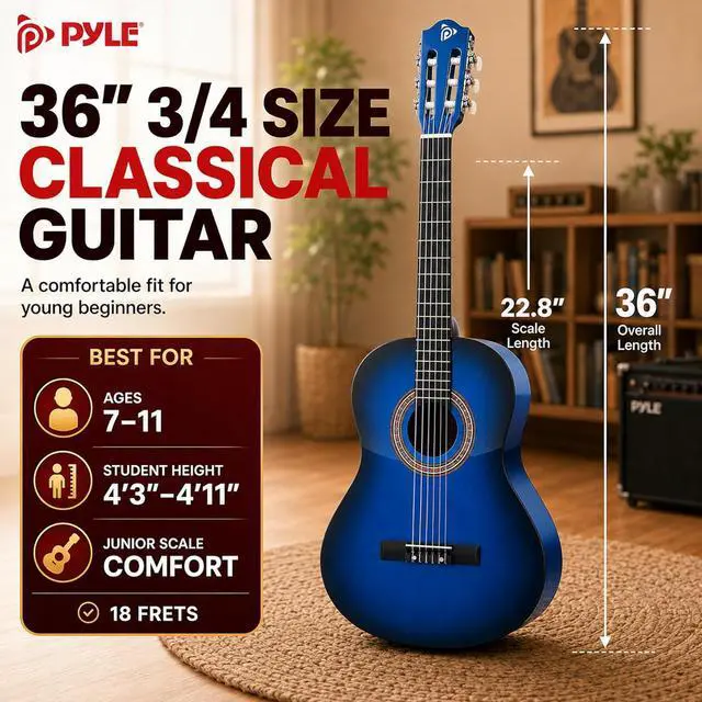 Alt view image 3 of 6 - Pyle 36-Inch Beginner Classical Acoustic Guitar Kit, 3/4 Size Junior Nylon String Guitar for Kids and Adults, Includes Gig Bag, Strap, Spare Strings, Picks, Cleaning Cloth, 18 Frets, Blue Burst