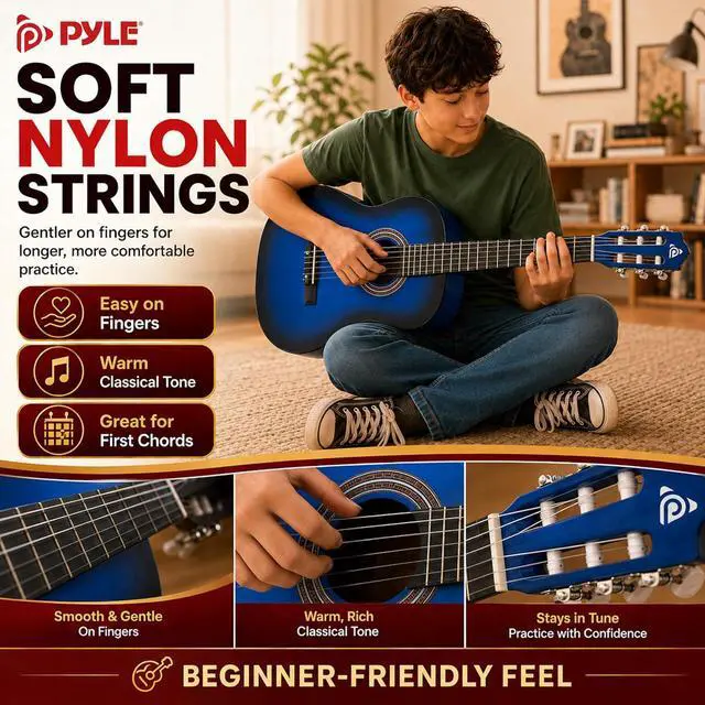 Alt view image 4 of 6 - Pyle 36-Inch Beginner Classical Acoustic Guitar Kit, 3/4 Size Junior Nylon String Guitar for Kids and Adults, Includes Gig Bag, Strap, Spare Strings, Picks, Cleaning Cloth, 18 Frets, Blue Burst