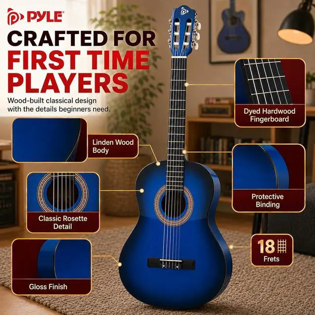 Alt view image 5 of 6 - Pyle 36-Inch Beginner Classical Acoustic Guitar Kit, 3/4 Size Junior Nylon String Guitar for Kids and Adults, Includes Gig Bag, Strap, Spare Strings, Picks, Cleaning Cloth, 18 Frets, Blue Burst