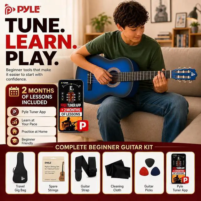 Alt view image 6 of 6 - Pyle 36-Inch Beginner Classical Acoustic Guitar Kit, 3/4 Size Junior Nylon String Guitar for Kids and Adults, Includes Gig Bag, Strap, Spare Strings, Picks, Cleaning Cloth, 18 Frets, Blue Burst